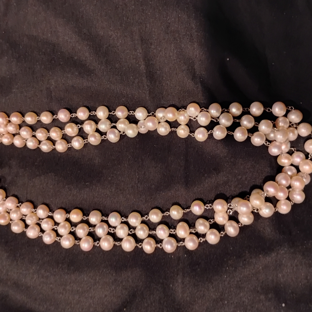 Elegant 3 Strand Real Freshwater Pearl & Silver Necklace